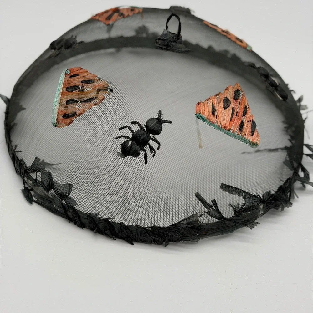 Vintage Style Mesh Food Cover Watermelon Ants Raffia Detail Black 14 Inch Dome